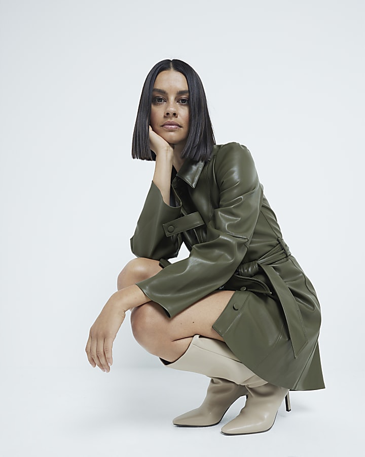 Khaki Faux Leather Long Sleeve Shirt Dress