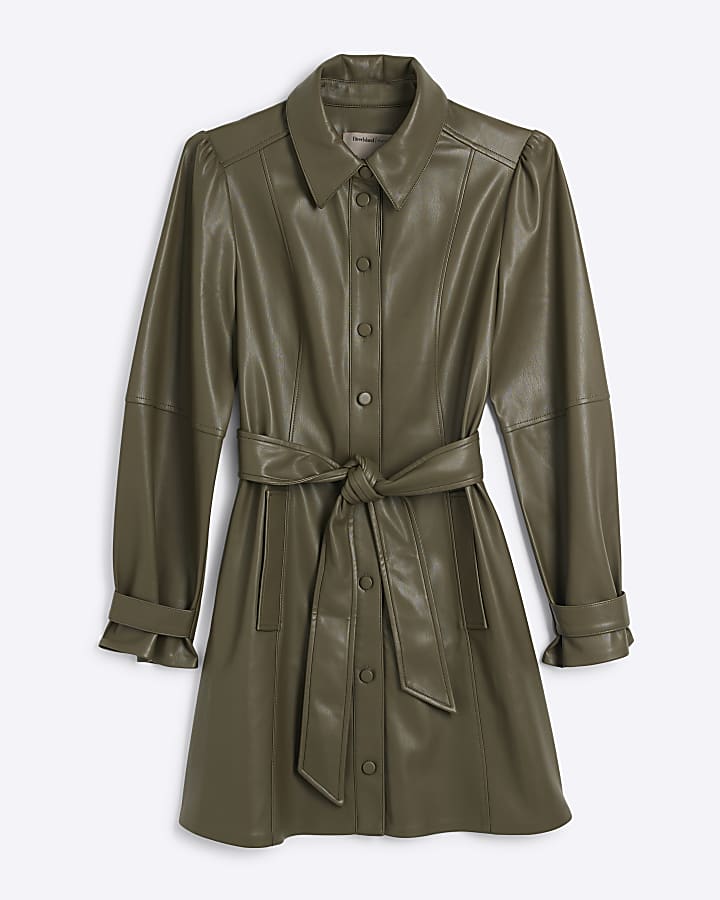 Khaki Faux Leather Long Sleeve Shirt Dress