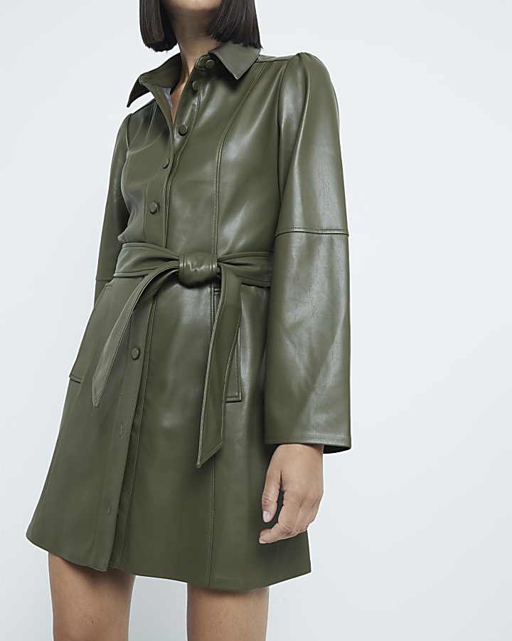 Khaki Faux Leather Long Sleeve Shirt Dress