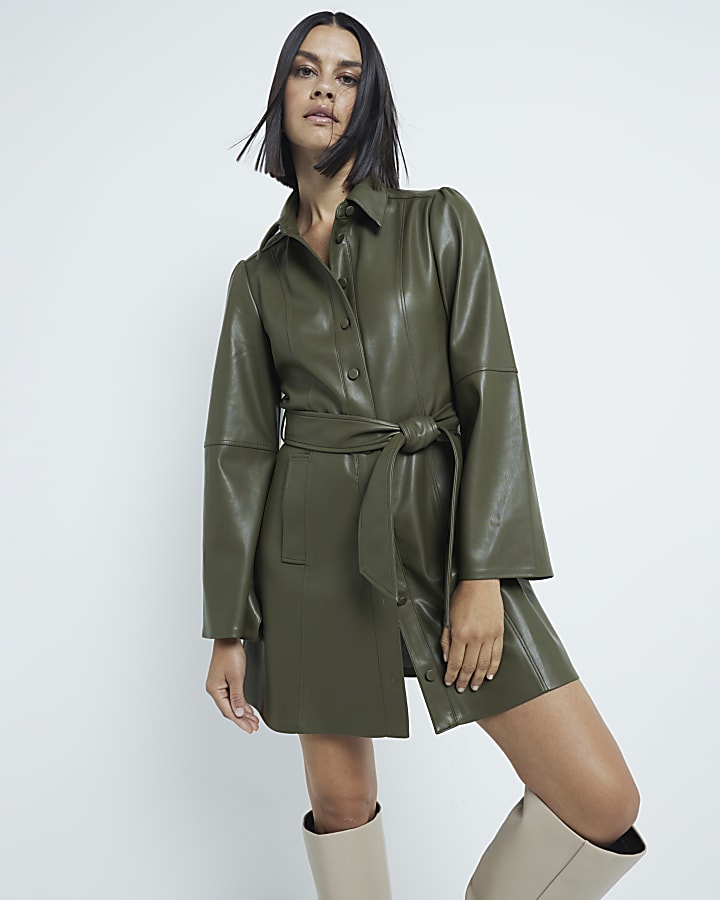 Khaki Faux Leather Long Sleeve Shirt Dress