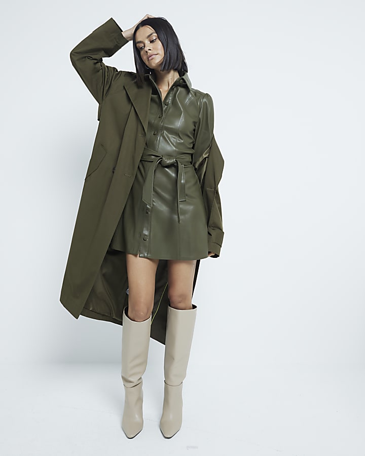 Khaki Faux Leather Long Sleeve Shirt Dress