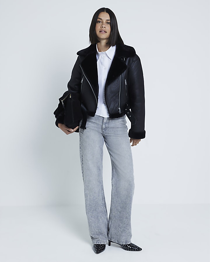 Black Belted Crop Aviator Jacket