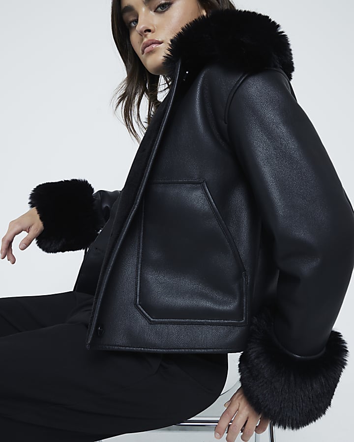 Black Faux Shearling Jacket River Island