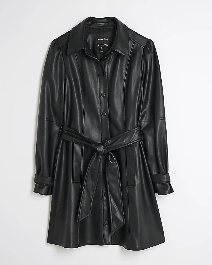 Black Faux Leather Mini Shirt Dress