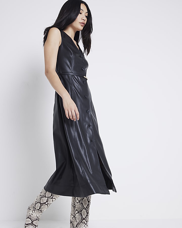 Black faux leather belted shift midi dress