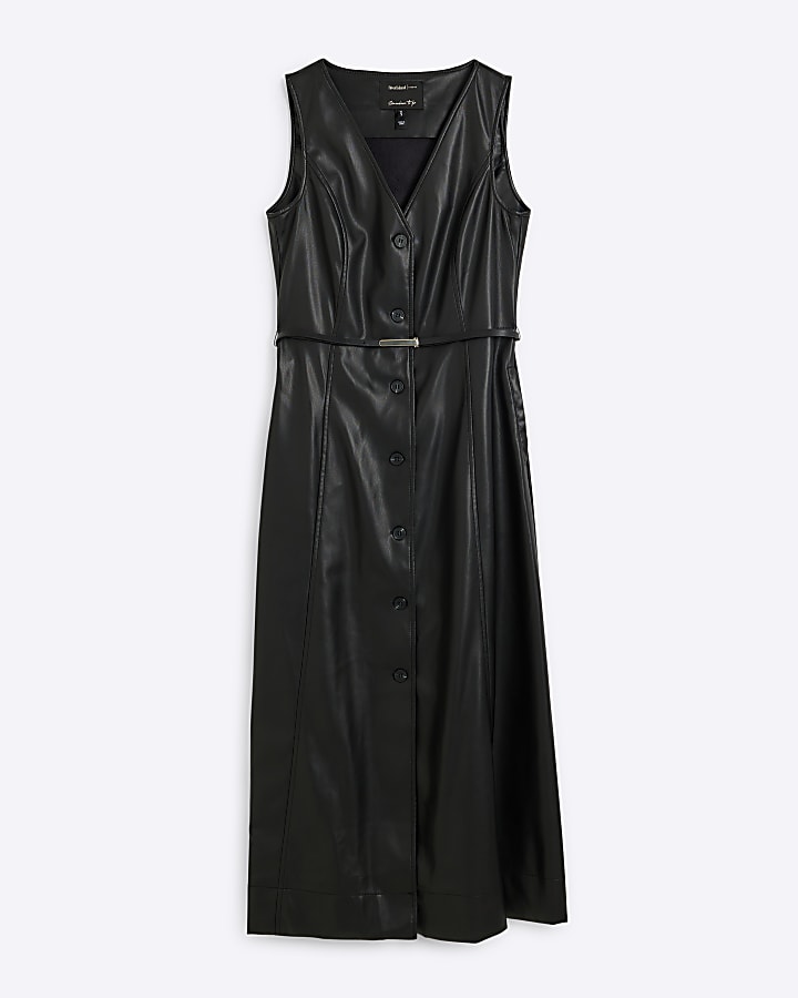 Black faux leather belted shift midi dress
