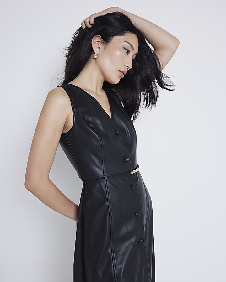 Black faux leather belted shift midi dress