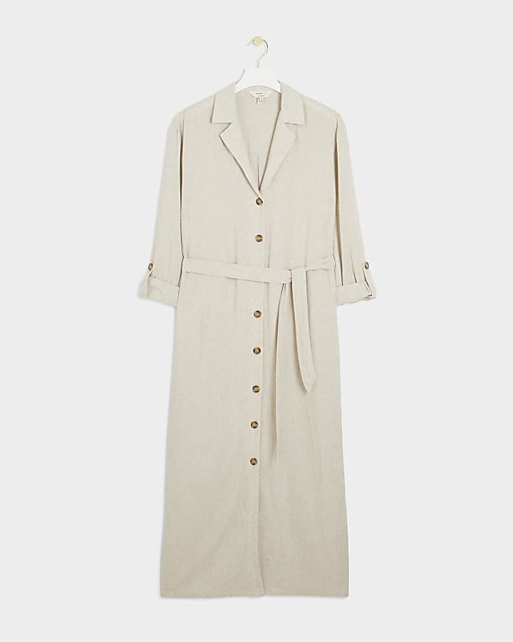 Beige linen maxi shirt dress