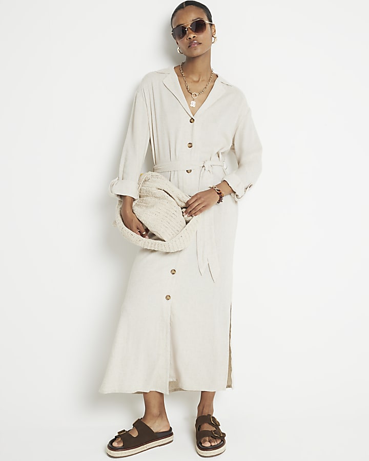 Beige linen maxi shirt dress