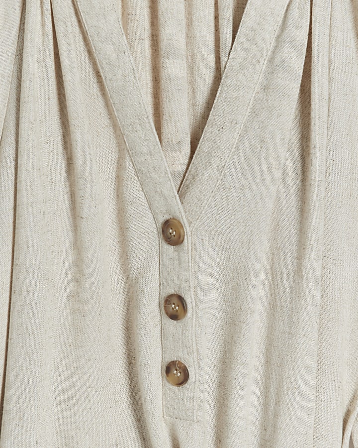 Beige linen blend belted smock mini dress