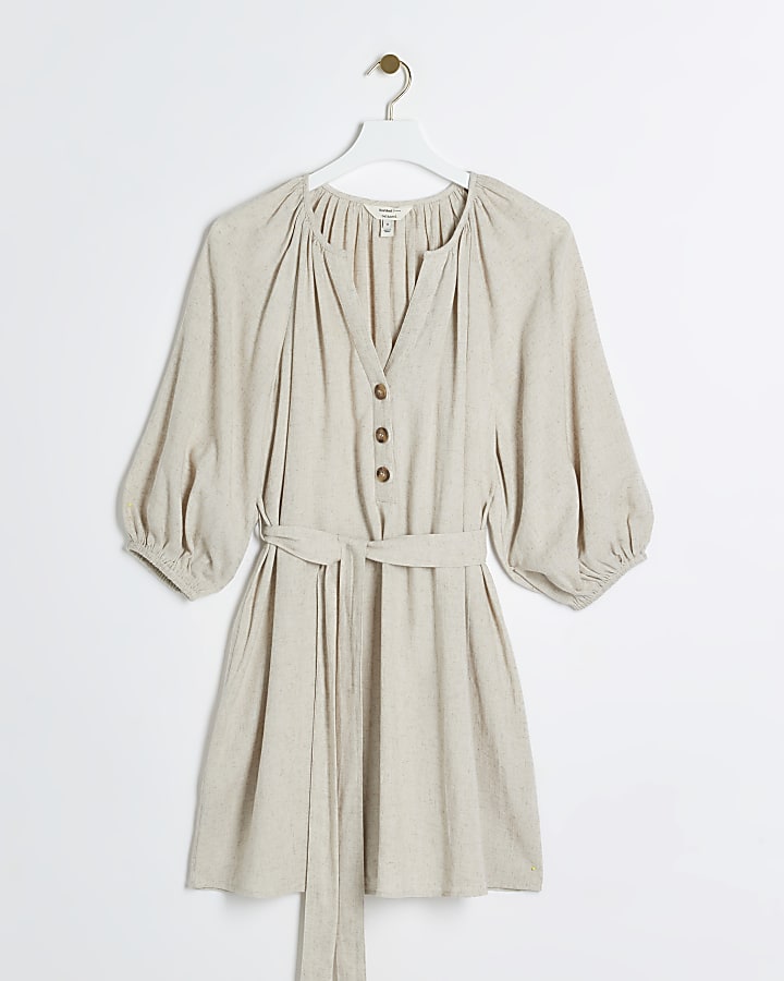 Beige linen blend belted smock mini dress