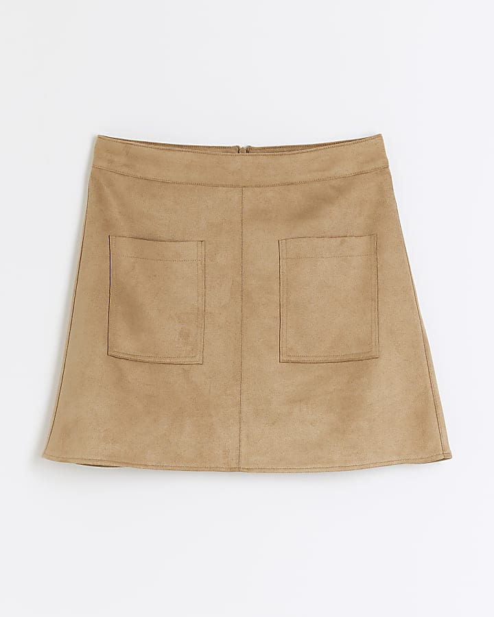 Beige suedette pocket mini skirt