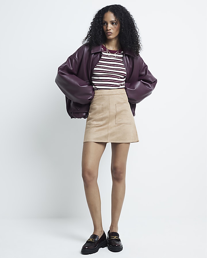 Beige suedette pocket mini skirt