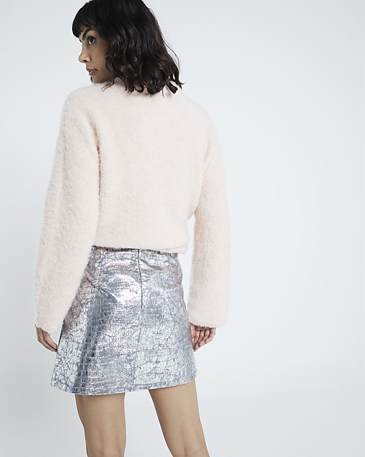 Silver Metallic Patch Pocket Croc Mini Skirt