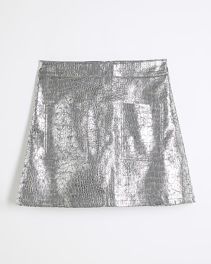 Silver Metallic Patch Pocket Croc Mini Skirt