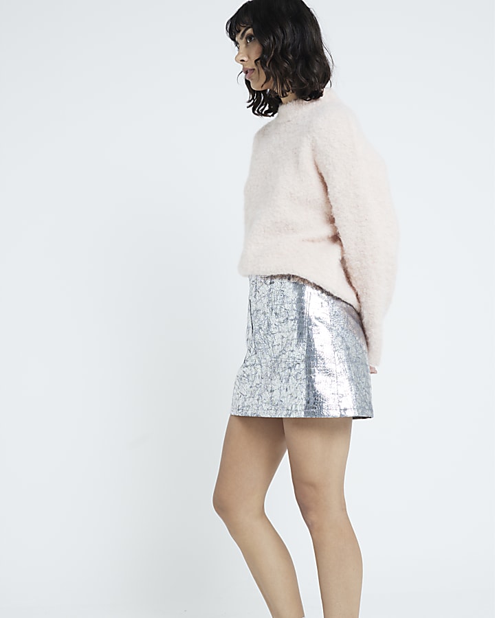 Silver Metallic Patch Pocket Croc Mini Skirt