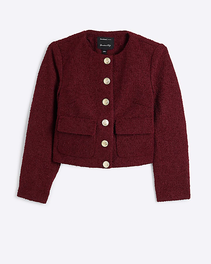 Petite Red Crop Collarless Jacket