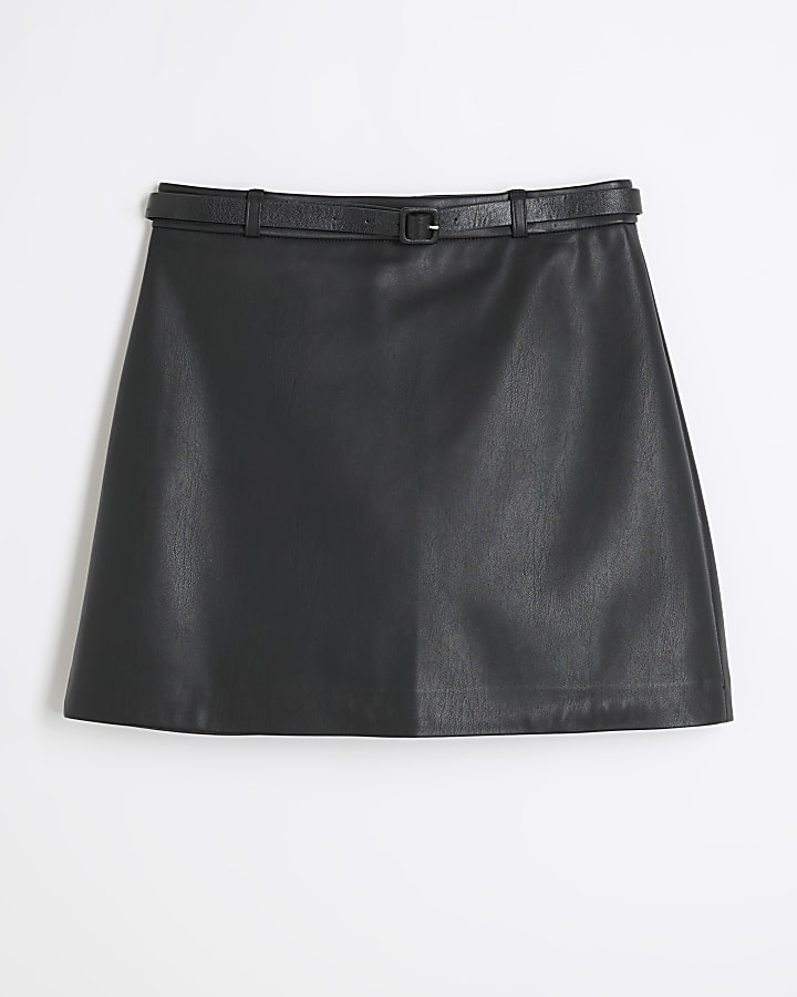 Black Belted Faux Leather Mini Skirt