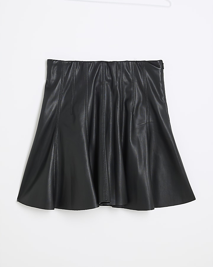 Black Faux Leather Flared Mini Skirt