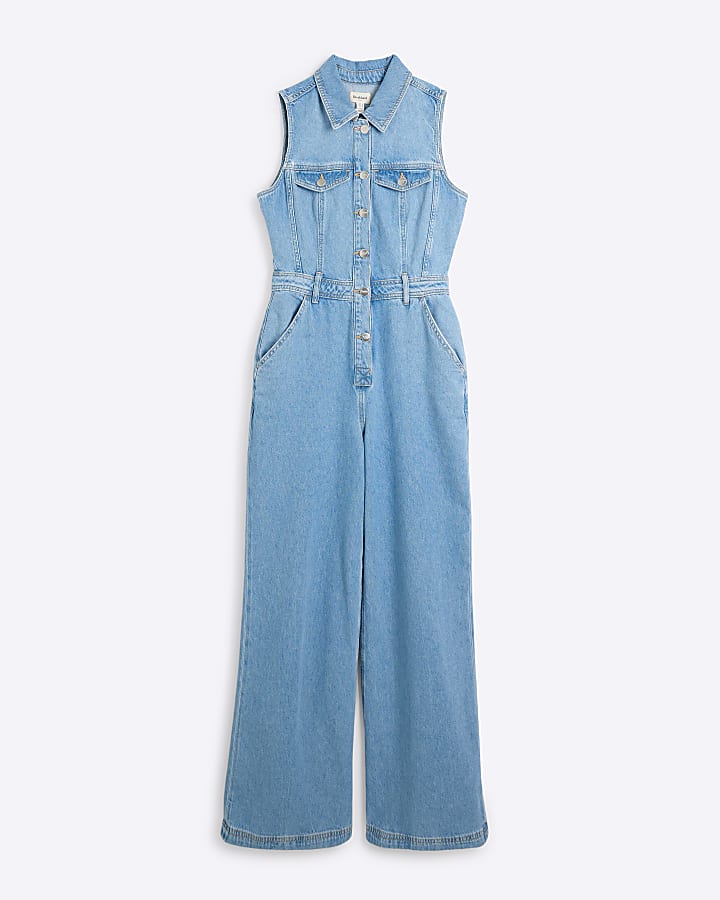 Blue Denim Wide Leg Jumpsuit