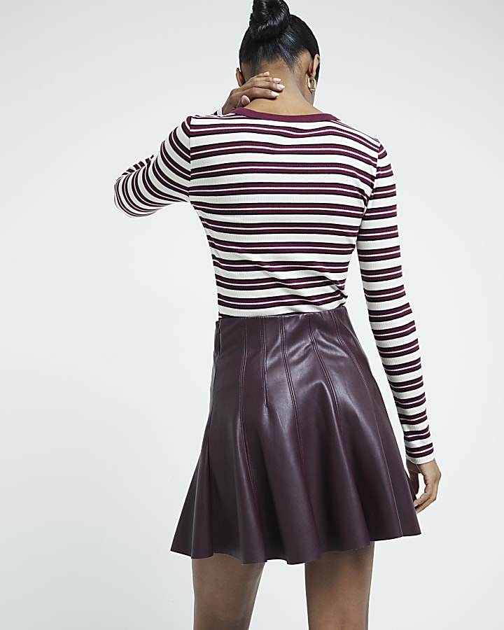 Red Faux Leather Flared Mini Skirt