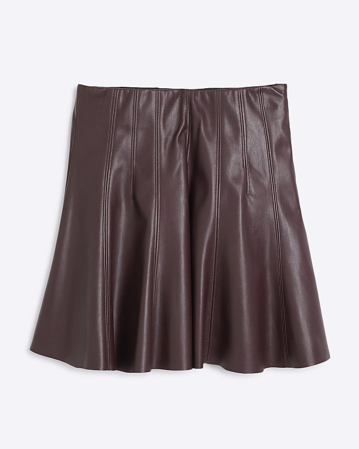 Red Faux Leather Flared Mini Skirt