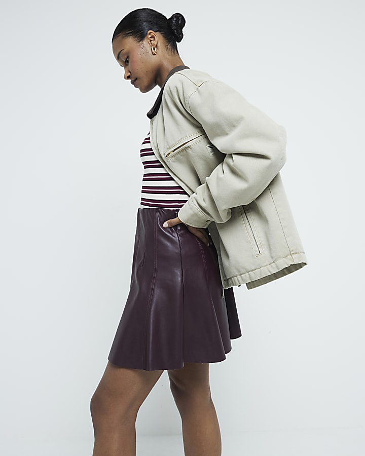 Red Faux Leather Flared Mini Skirt