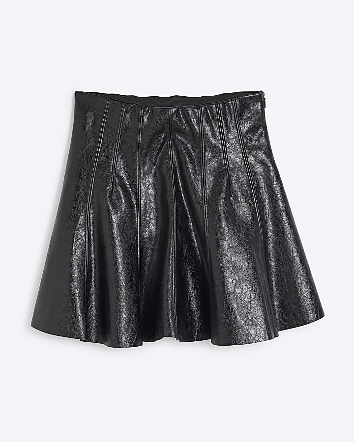 Black Flared Faux Leather Mini Skirt