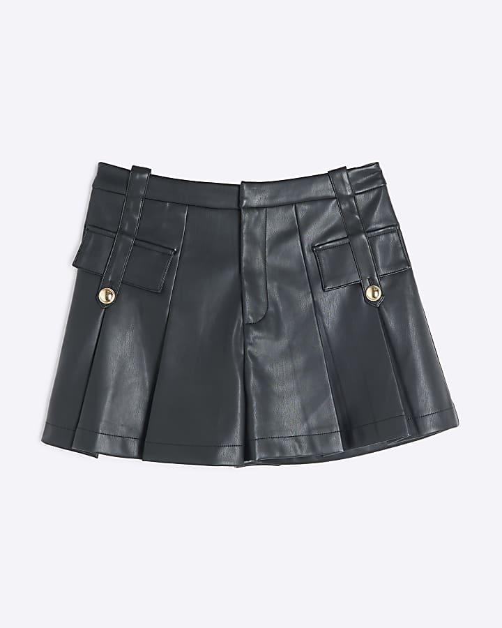 Black Faux Leather Military Shorts