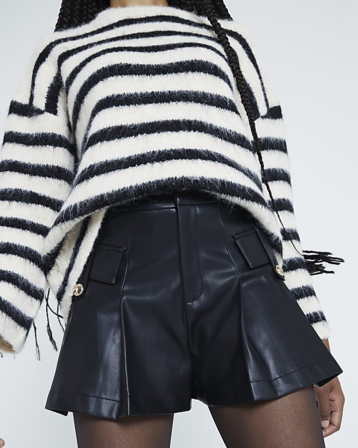 Black Faux Leather Military Shorts River Island