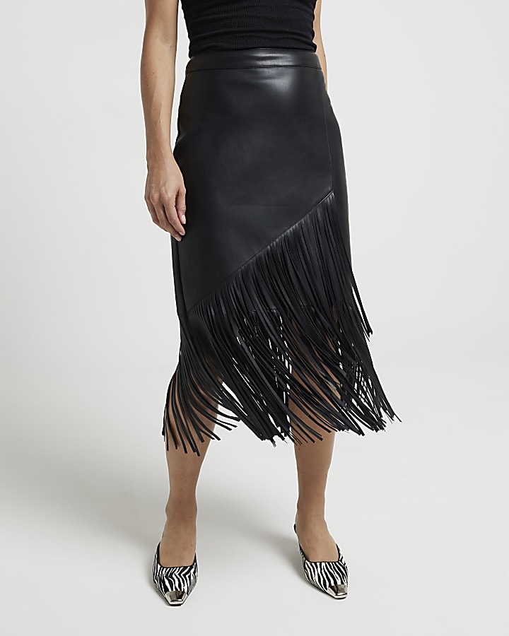 Black faux leather fringe midi skirt