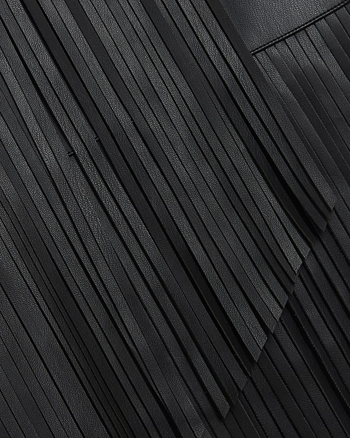 Black faux leather fringe midi skirt