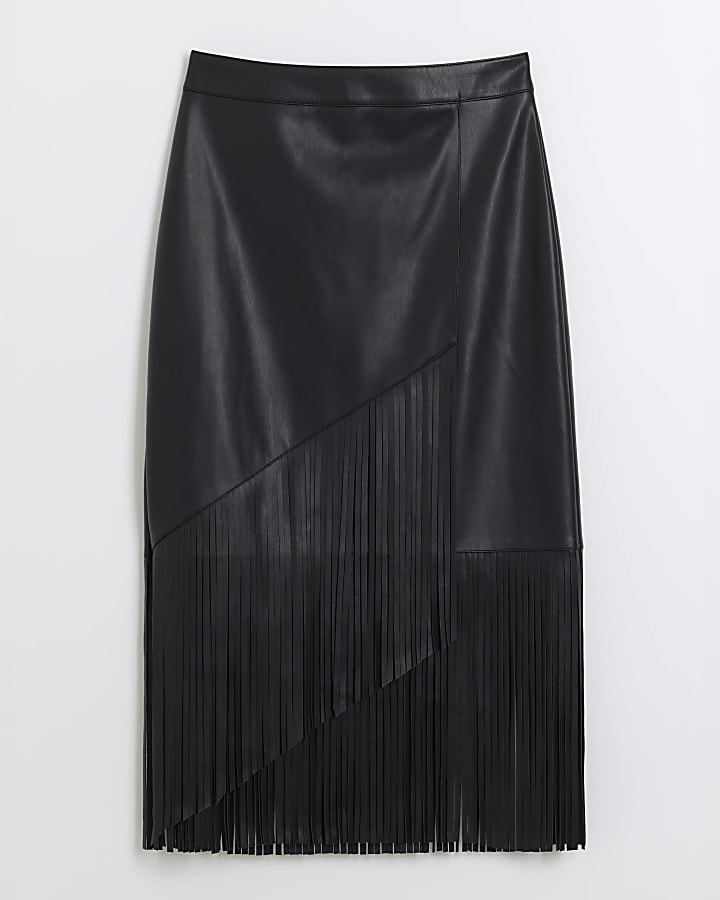 Black faux leather fringe midi skirt