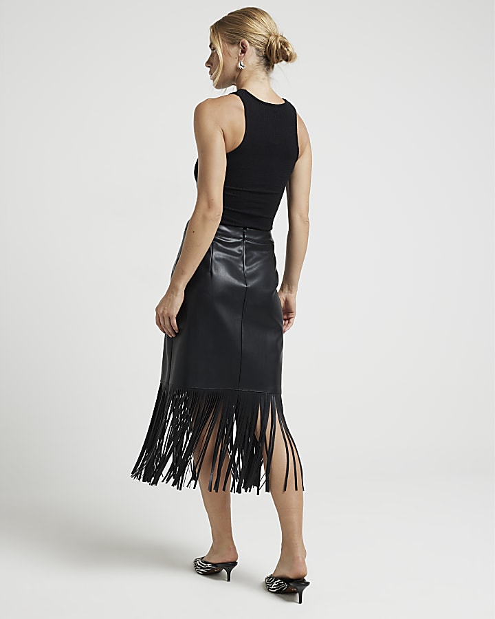 Black faux leather fringe midi skirt