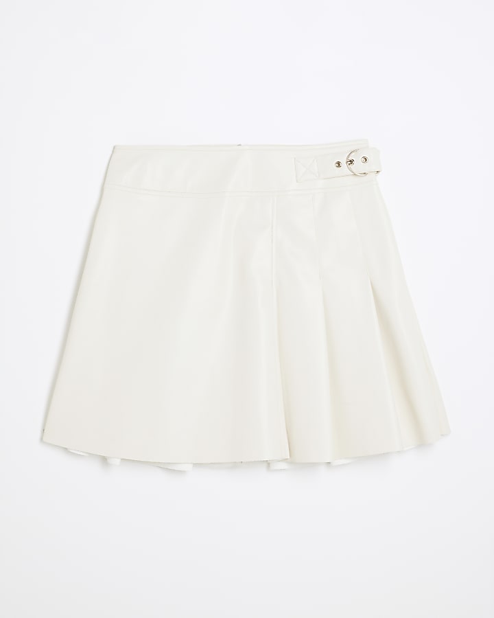 Cream faux leather pleated mini skirt