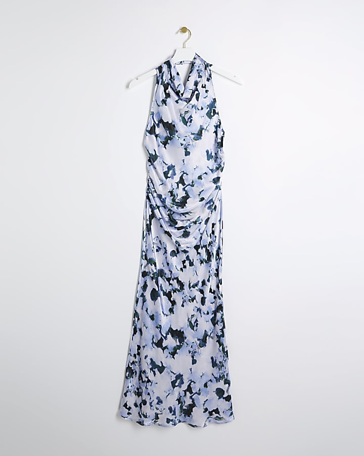 Blue satin floral cross back slip midi dress