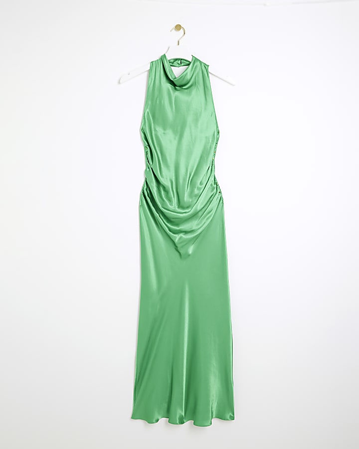 Green Satin Halter Cowl Neck Slip Midi Dress