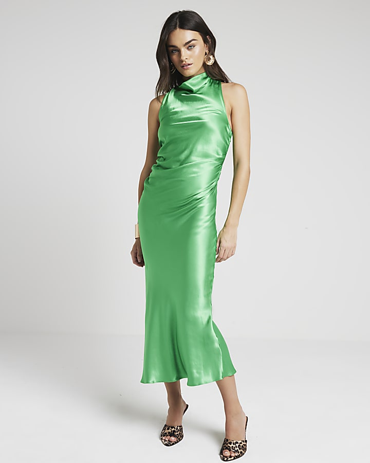 Green Satin Halter Cowl Neck Slip Midi Dress