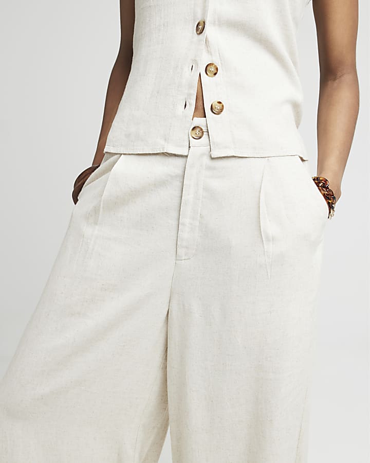 Beige linen blend wide leg trousers