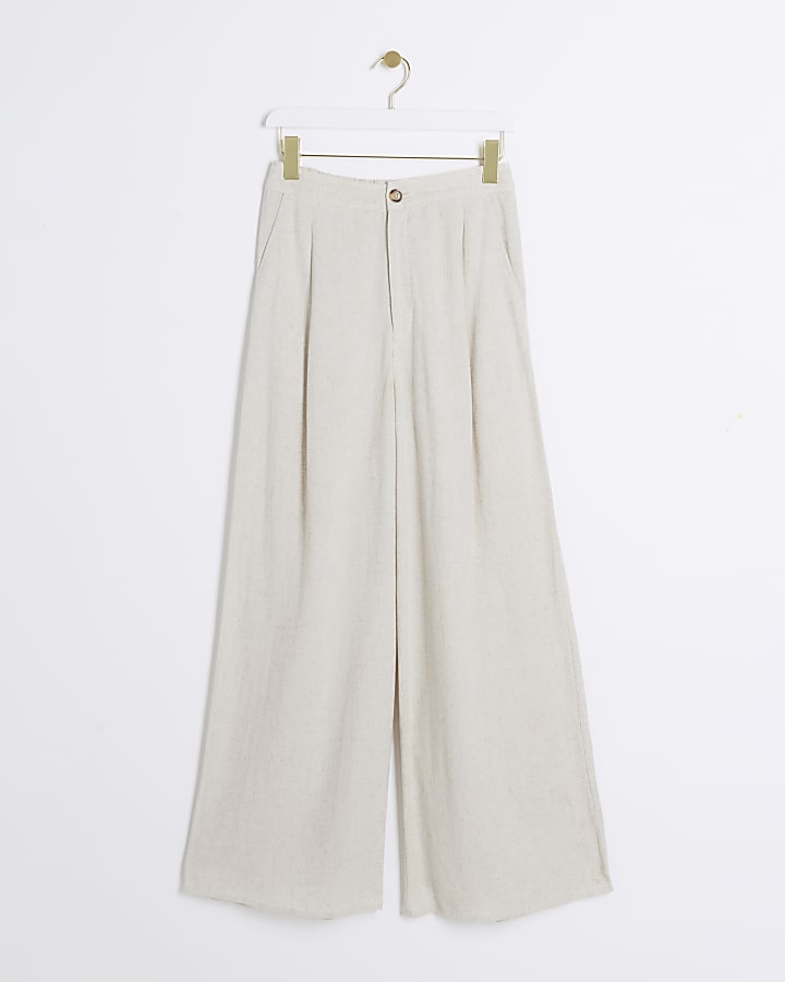 Beige linen blend wide leg trousers