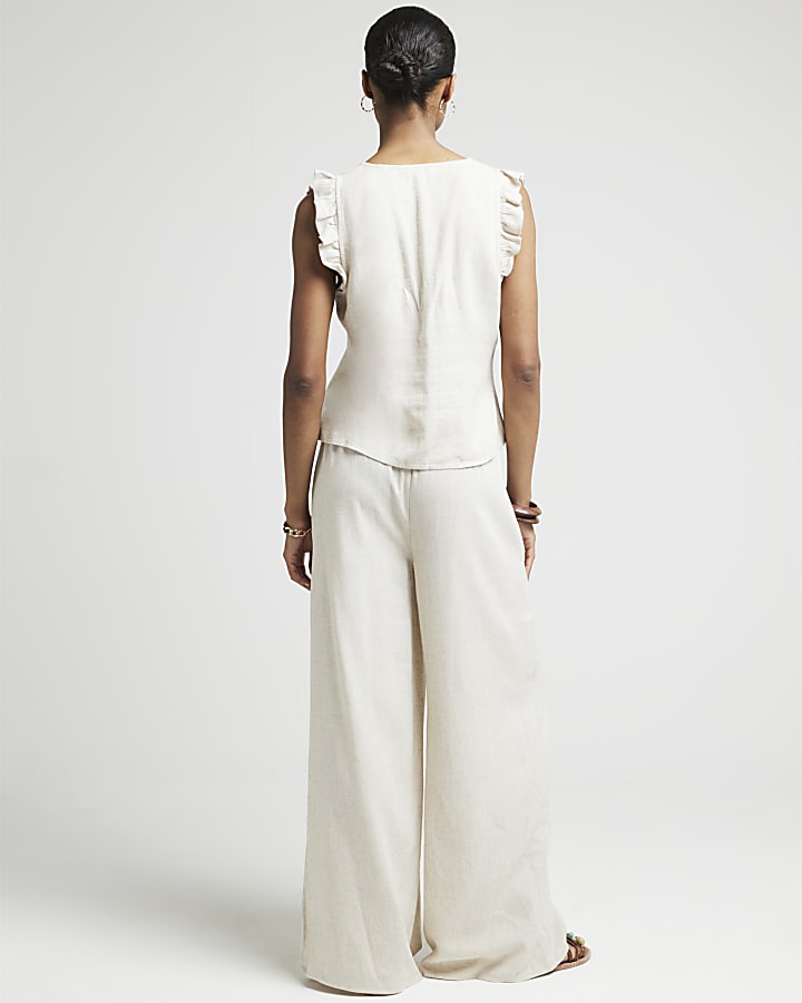 Beige linen blend wide leg trousers