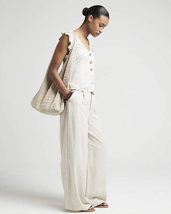 Beige linen blend wide leg trousers