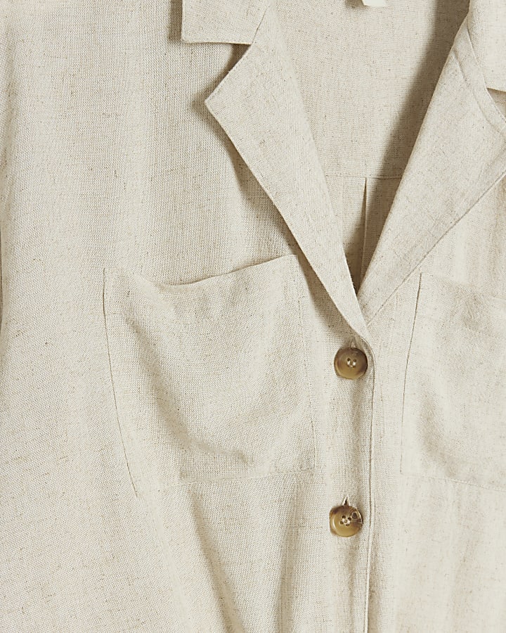 Beige linen blend tie front shirt