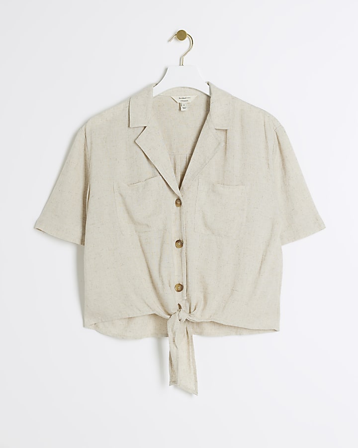 Beige linen blend tie front shirt