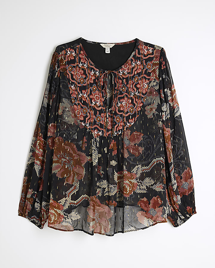 Plus Black long sleeve floral smock top