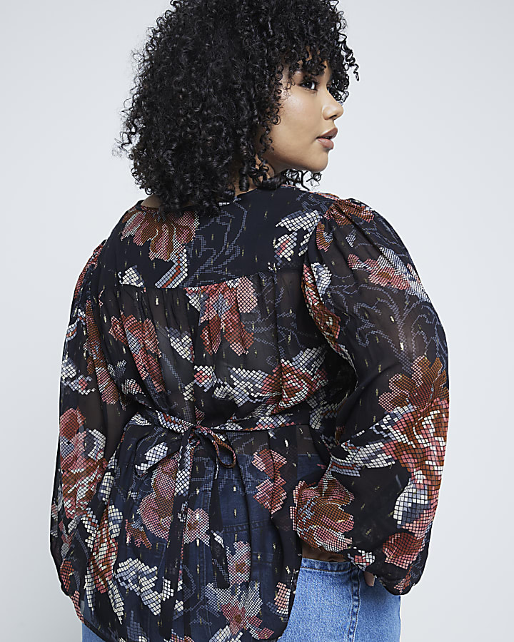 Plus Black long sleeve floral smock top