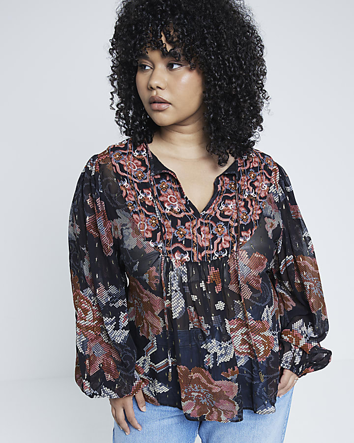 Plus Black long sleeve floral smock top