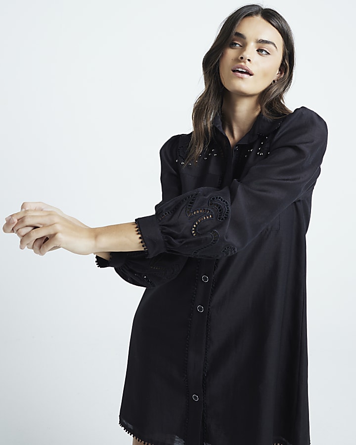 Black studded broderie shirt dress