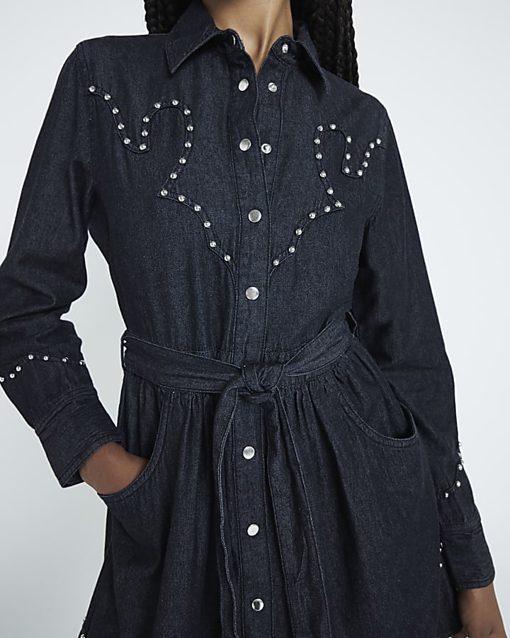 Black Denim Studded Mini Shirt Dress