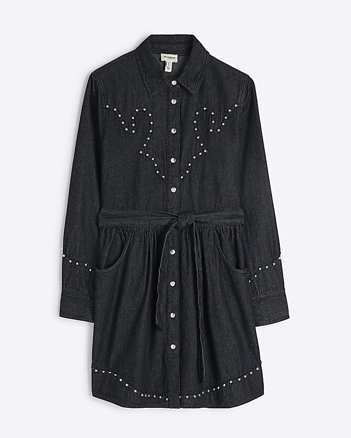 Black Denim Studded Mini Shirt Dress